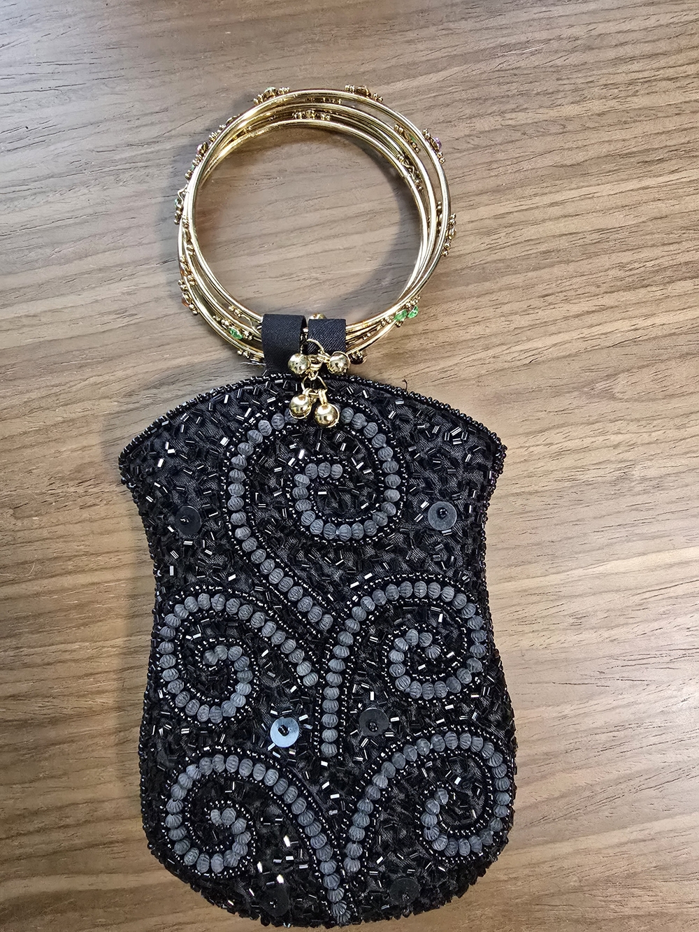 Black Beaded Wristlet Pouch with Gold Bangle Handle